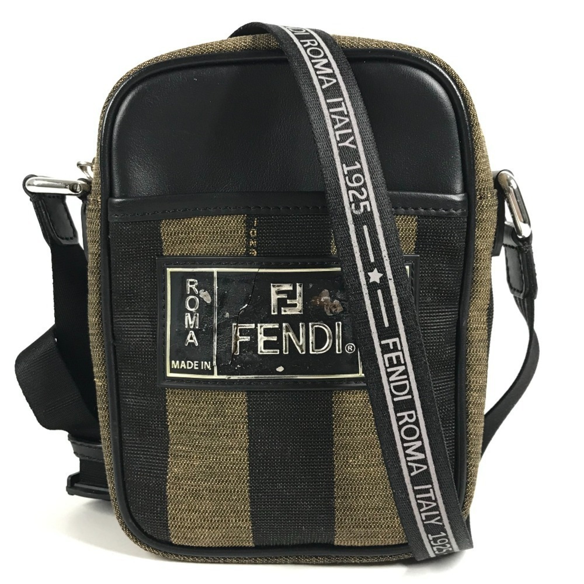 Fendi 7va456 Logo Pequin Pochette Crossbody Bag Shoulder Leather Canvas Men's...